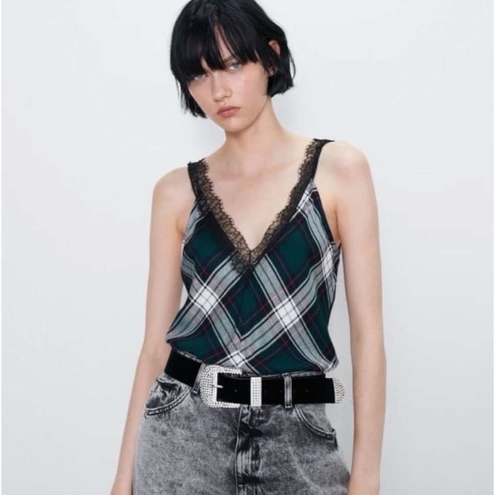 Zara Green Plaid Lace Trim Cami Top